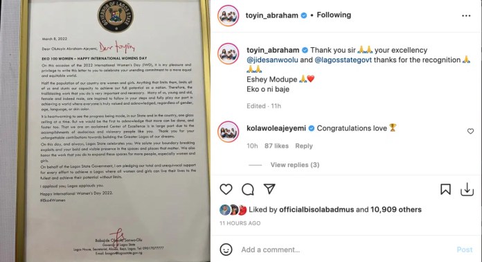 ‘Make dem no use am bribe you come 2023 o’ -Toyin Abraham receive knocks after an award from Governor Sanwo-Olu