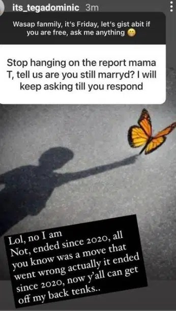 “My marriage has ended since 2020”- BBNaija’s Tega Dominic Confirms
