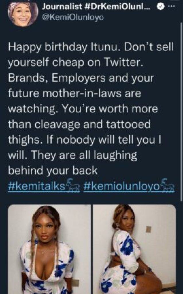 Diggers Associations dig up ‘immodest’ photos Kemi Olunloyo after she advised influencer on the importance of dressing modestly
