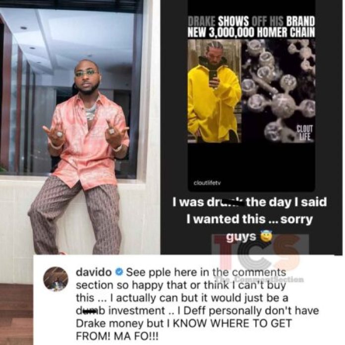 ‘I was dr*nk the day I said I wanted it’- Davido reacts as Drake shows off his N1.7 Billion chain