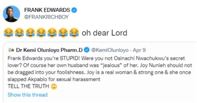 Frank Edwards reacts to Kemi Olunloyo claims that he was late Osinachi Nwachukwu’s secret lover