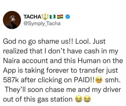 “Auntie Just tell us you want money”- Nigerians slamTacha after she cried out over shortage of funds in her naira account