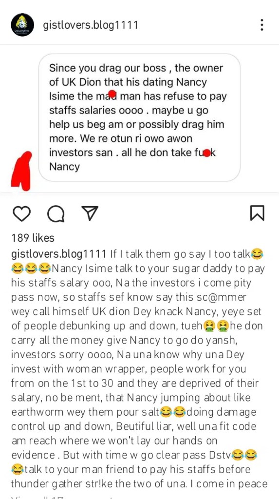 Nancy Isime’s alleged ‘sugar bobo’ allegedly swimming in debts, accused of investing staff’s salary on actress’ plastic surgery [Details]