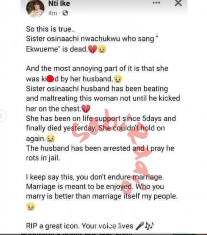 Minister Osinachi Nwachukwu’s husband called out for allegedly k!lling Her as Friends share shocking details about her death