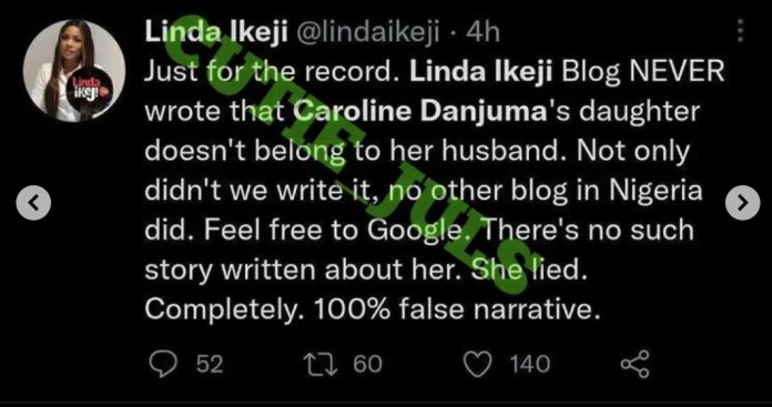 Linda Ikeji in the mud as Netizens dig out old tweets of hers about Caroline Danjuma having extramarital affairs