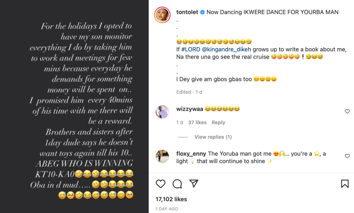 “I Dey give am gbos gbas too”–Tonto Dikeh Reveals How She Made Her Son Lose Interest In Toys