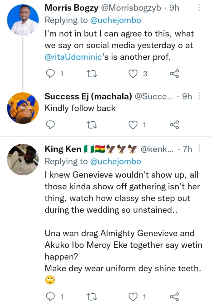 Actress, Uche Jombo Clears The Air After Fans Dragged Genevieve, Omotola, Others Who Didn’t Attend Rita’s Wedding