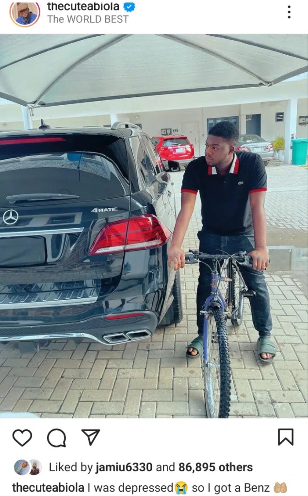 “I was depressed so I got a Benz” – Cute Abiola writes as he acquires a new car amid alleged split with wife