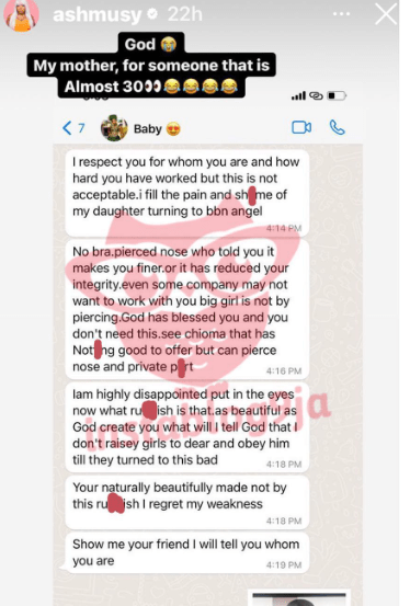 Stray bullet hits BBNaija’s Angel as skit maker Ashmusy’s mum reacts to her nose piercing