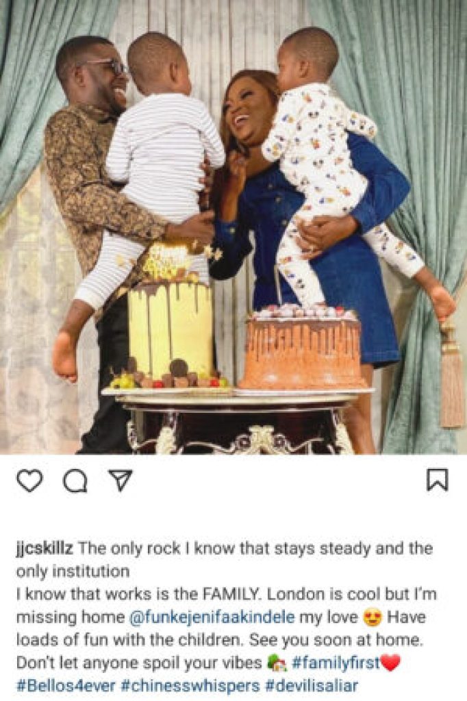 “Don’t Let Anyone Spoil Your Vibes” JJC Skillz Writes In Support Of Wife Funke Akindele After His Son Called Funke Out Online