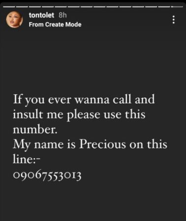 Tonto Dikeh releases her phone number to trolls, begs for calls, insults [Screenshot]