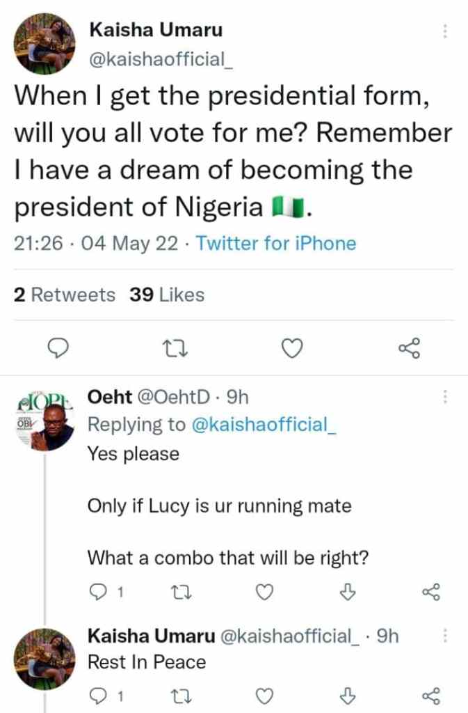 “Rest In Peace “– BBN’s Kaisha Savagely Replies Fan Who Asked Her To Make Lucy Her Running Mate After Sharing Her Dream