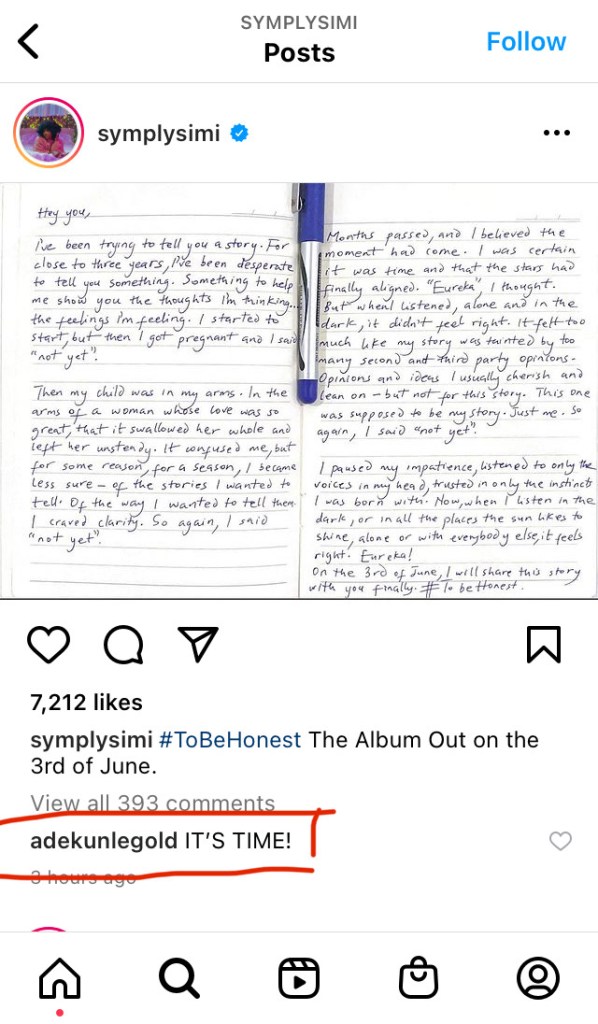 Adekunle Gold hillarious reaction as Simi Announces Release Date of Her Next Album