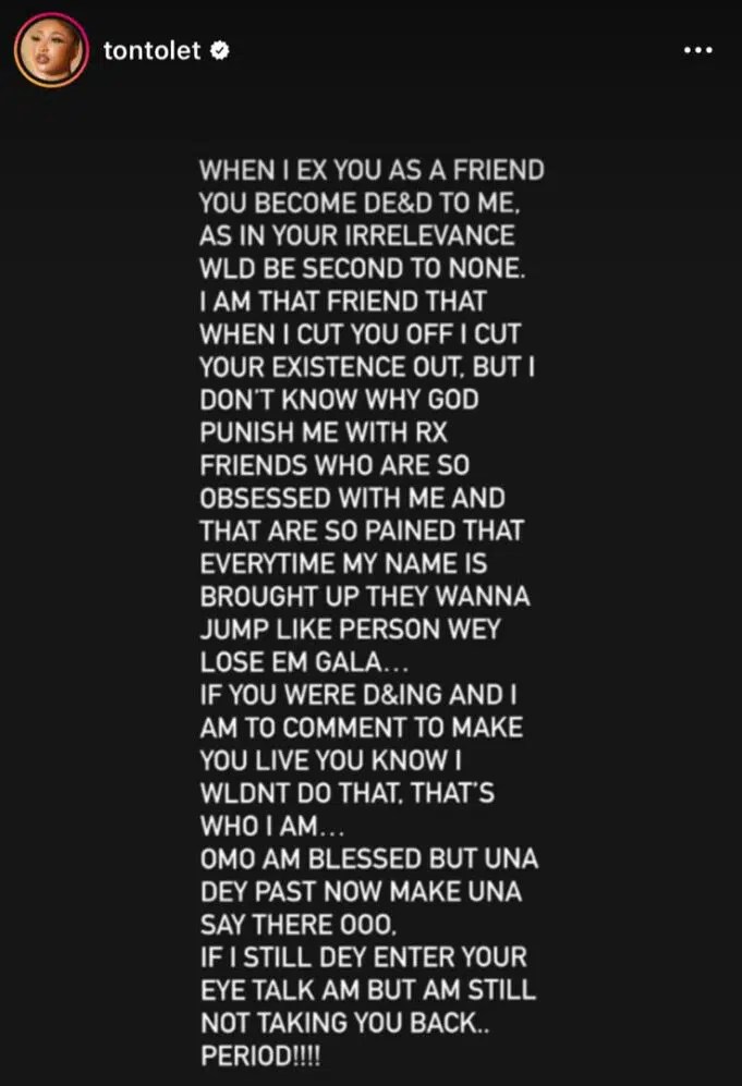 “When In Ex You, You Become Dead to Me” - Tonto Dikeh Pens Open Letter To Bobrisky For Backing Kemi Olunloyo