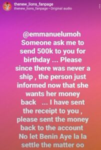 “Since There Was No relationship, Return My 500k”- Shipper Dr@gs Emmanuel Over 500k Birthday Gift After Denying Relationship