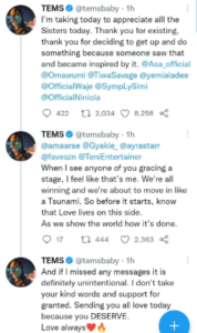 “Why Didn’t You Include Seyi Shay” – Netizens Reacts As Singer, Tems Appreciates Other Female Colleagues For Inspiring Her