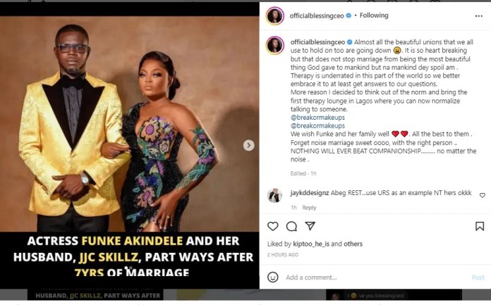 “God gave marriage to mankind but na mankind dey spoil am”– Blessing CEO reacts to Funke Akindele and JJC Skillz failed marriage