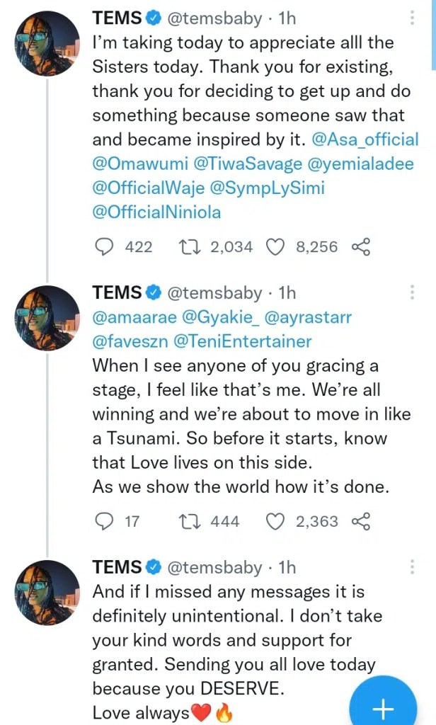 Tems Reveals How Tiwa Savage, Yemi Alade and Others Inspired Her, Pens Touching MessageTems Reveals How Tiwa Savage, Yemi Alade and Others Inspired Her, Pens Touching Message