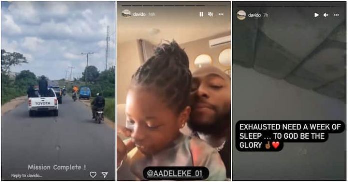 “Mission complete, Need a Week of Sleep”- Davido Returns Home, Shares Cute Video As He Chills With Imade