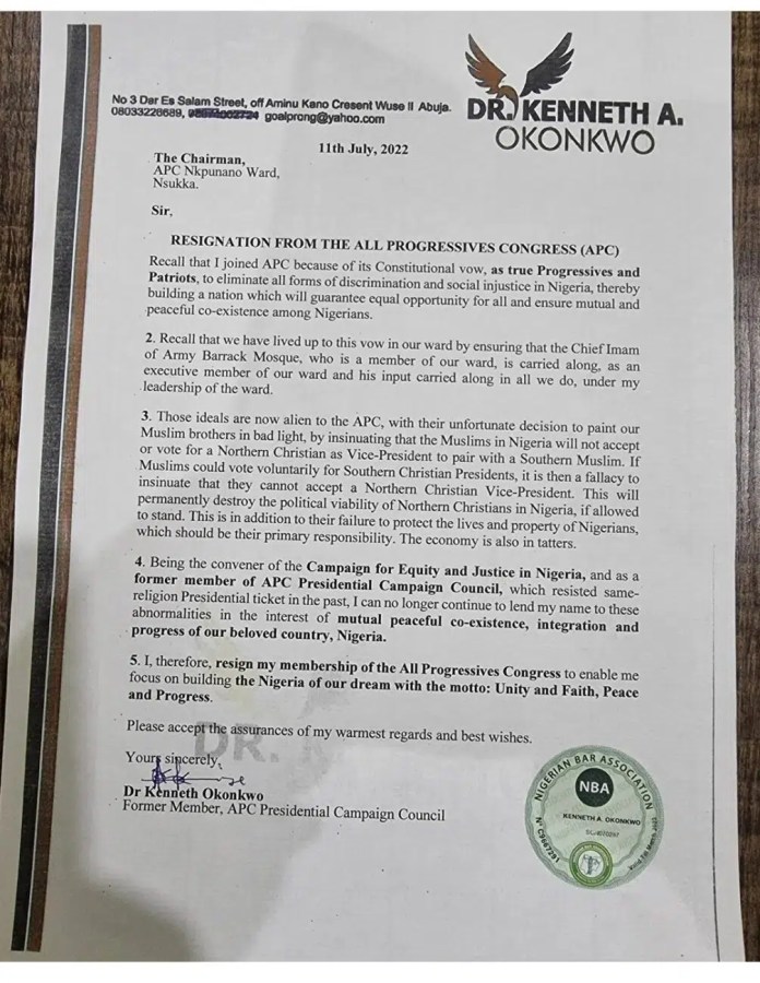 2023: Kenneth Okonkwo resigns from APC over Muslim-Muslim presidential ticket