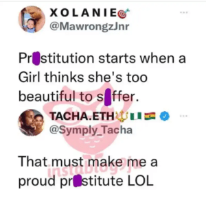“I’m a Proud Pr#st!tute”- BBNaija’s Tacha Tells Twitter User