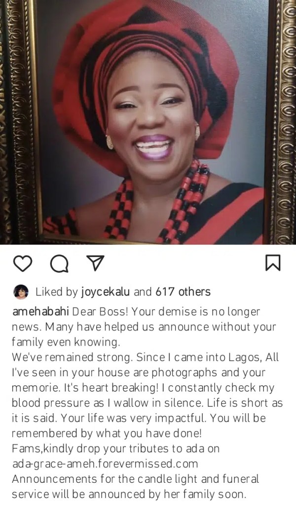 “Many helped us announce your death without us knowing”- Ada Ameh’s family speaks on her funeral rite