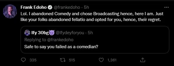 Premium clapback: Frank Edoho ridicules troll who termed him ‘failed comedian’ after a throwback comedy video surfaced [Video]