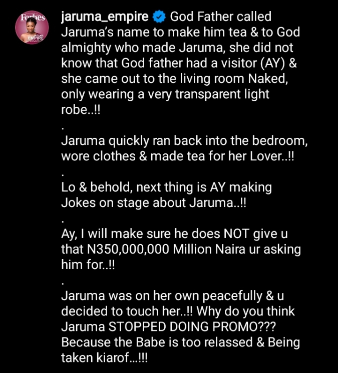 Jaruma Calls Out AY For Making Jokes With Her Name After He Saw Her Half-Naked At His ‘Godfather’s’ Place [Details]