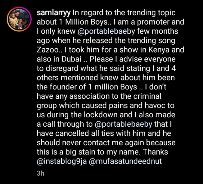 Sam Larry distances himself from Portable’s claims after the singer mentioned his name while declaring he founded ‘1 million boys [Video]