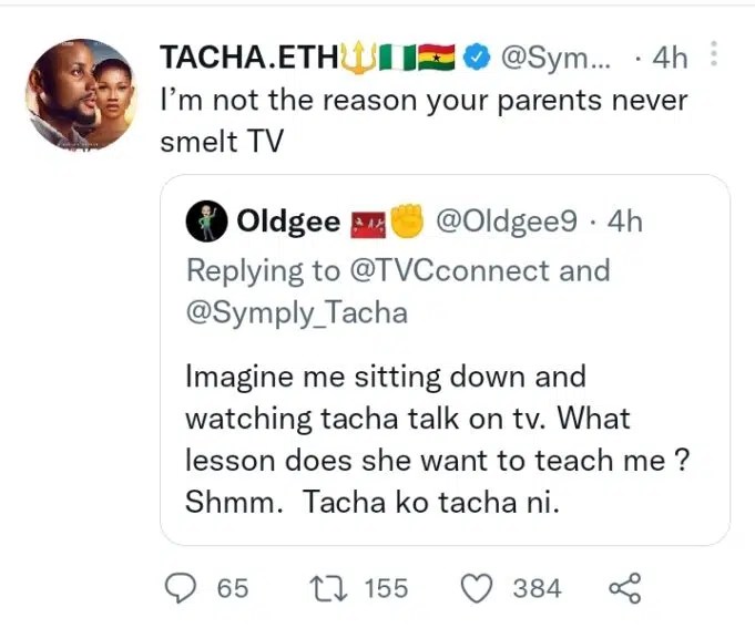 “I’m not the reason your parents never smelt TV”– Tacha slams troll who made an unsavory comment about her TVC interview