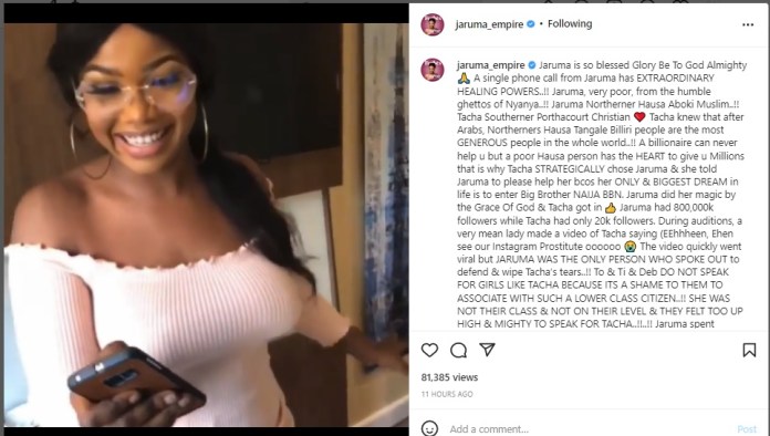 “I spent N7,000,000 on votes for Tacha”- Jaruma spills how she performed magic for Tacha to be rich and famous through BBNaija