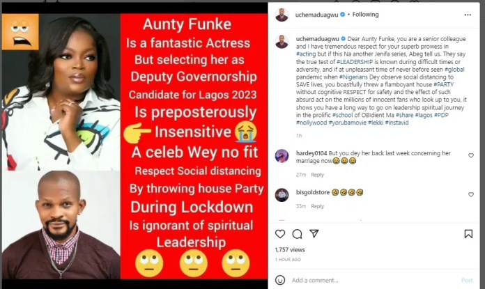 “You have a long way to go on leadership spiritual journey”-Uche Maduagwu reveals why Why Funke Akindele is not fit to be a leader