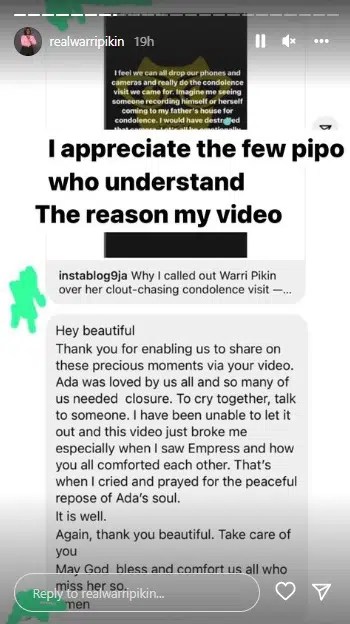 Comedienne Real Warri Pikin reacts to criticisms she received from Actress Etinosa over her condolence visit video