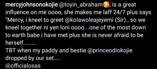 Toyin Abraham teaches Mercy Johnson how to kneel down and greet her husband (Video)