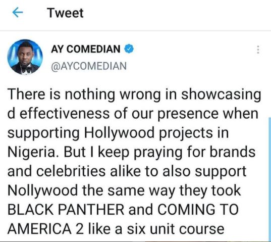 Support Nollywood the same way you took Black Panther and Coming To America 2 – Ay comedian slams Nigerian celebrities