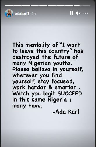 The mentality of ‘I want to leave this country’ has destroyed the future of many youths – Actress Ada Karl