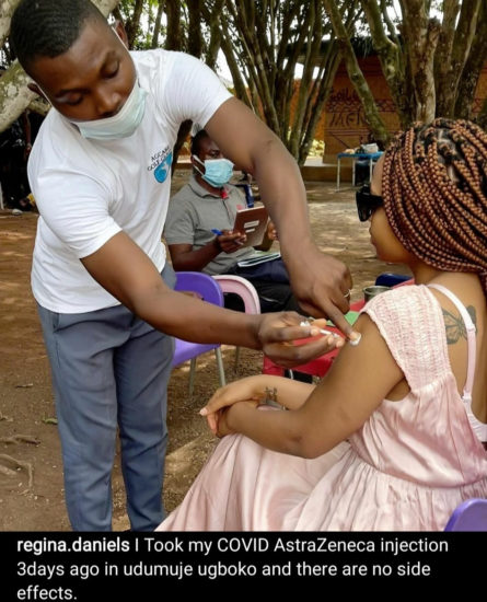 Regina Daniels shares photos showing her taking the Covid-19 vaccine