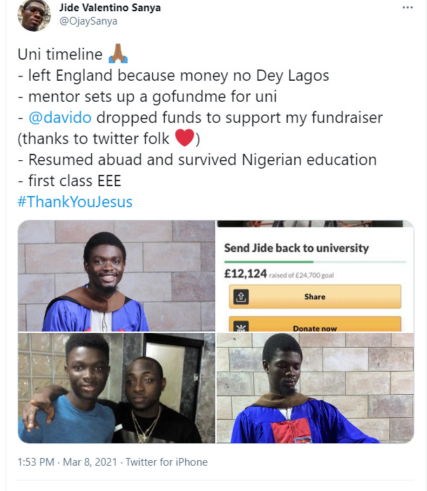 ‘He has helped Nigerians more than Buhari’ – Reactions after a University graduate revealed how Davido funded his fees