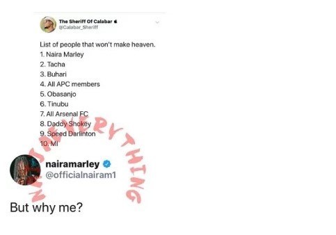 Naira Marley reacts as he tops list of people that won't make Heaven