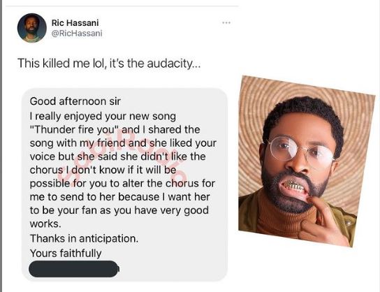 Ric Hassani shocked at the sheer audacity of a fan who wants him to edit ‘Thunder Fire You’ off his song