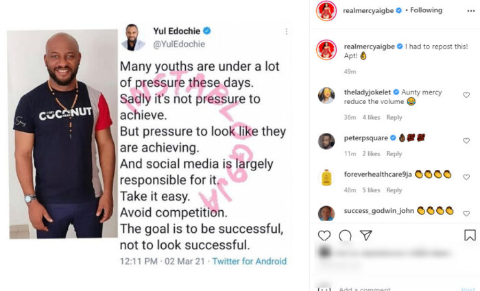 Mercy Aigbe Yul Edochie preach against peer pressure on social media