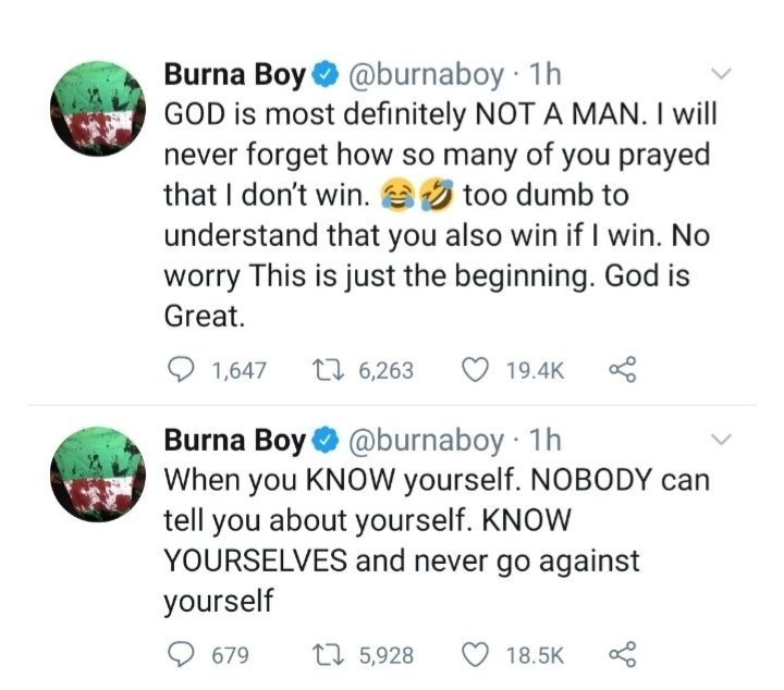 "I'll never forget how so many of you prayed that I don't win" Burna Boy says in series of tweets