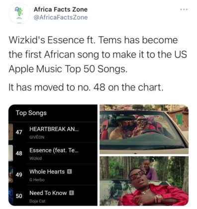 Wizkid's 'Essence' Enters US Apple Music Top 50 Chart | NotjustOK