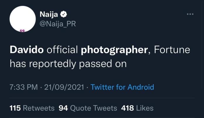 Davido’s Official Photographer Fortune Dies, Months after Obama DMW Death