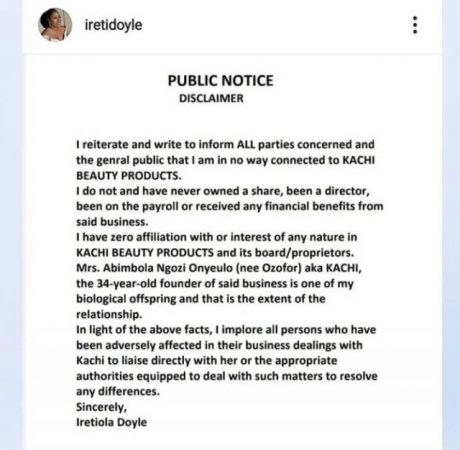 Ireti Doyle Pubishes A Public Disclaimer on Her Daughter Following Accusation Of Fraud