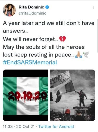 A Year Later and We Still Don’t Have Answers – Rita Dominic Joins EndSARS Protest
