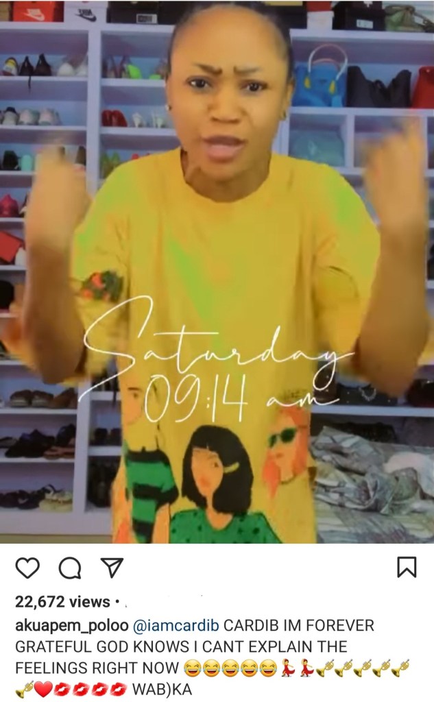 Actress Akuapem Reacts After Rapper Cardi B Reshared Her Post