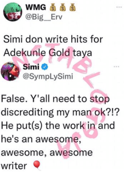 Simi Defends Adekunle Gold’s Against Fan Who Claims She Writes Hit Songs For Him