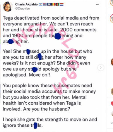 We Can’t Reach Her — Friends Raises Alarm After Tega Disabled IG Account