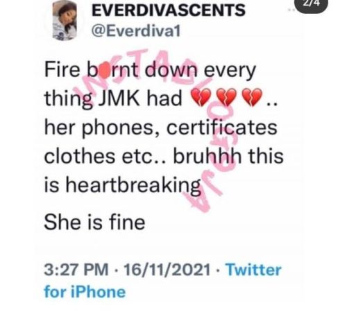 Sorry o, Your Fans will Replace them – BBN JMK Allegedly Loses Her Certificates, Phones, And Everything To Fire